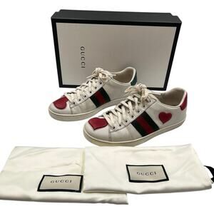 Gucci Ace Heart Embroidered Web Low Top Leather Sneakers White Size 36 / 6